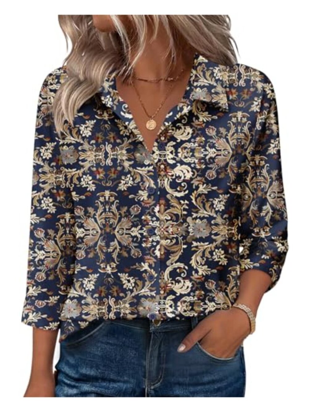 Women's 3/4 Sleeve Button Down Blouse V Neck Collared Business Casual Top